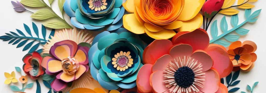 Bunte Papierblumen in verschiedenen Formen und Farben, darunter Blau, Orange und Rosa.