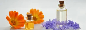 Zwei Flaschen mit ätherischen Ölen, eine mit orangefarbenem und eine mit klarem Inhalt, umgeben von Blumen.