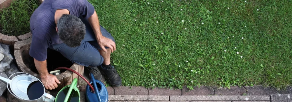 Mann, der sich mit Gartenwerkzeugen und einem Eimer auf dem Boden beschäftigt.