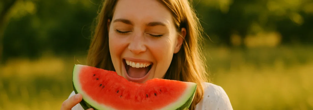 Eine Frau lächelt und hält ein Stück Wassermelone vor ihrem Gesicht.