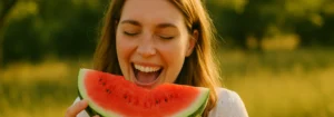 Eine Frau lächelt und hält ein Stück Wassermelone vor ihrem Gesicht.