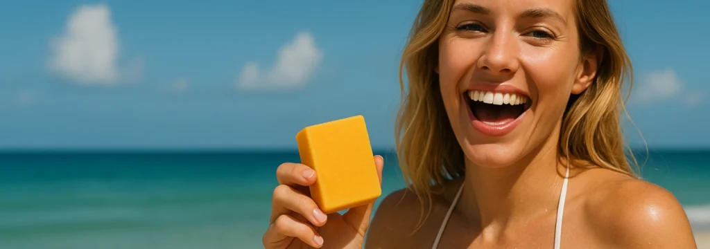 Lächelnde Frau mit blonden Haaren hält ein gelbes Seifenstück vor einem Strandhintergrund.