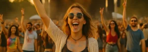 Junge Frau mit Sonnenbrille und erhobener Hand auf einem Festival mit Menschenmenge im Hintergrund.