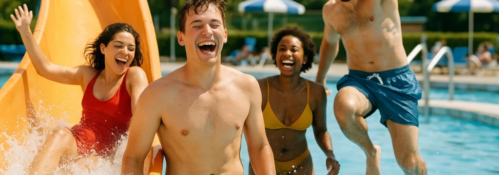 Vier Personen, die am Schwimmbad Spaß haben, während eine Person von einer Rutsche rutscht.