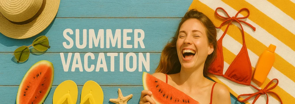 Eine Frau hält eine Wassermelone und lächelt, umgeben von Sommeraccessoires wie einem Sonnenhut und Flip-Flops.