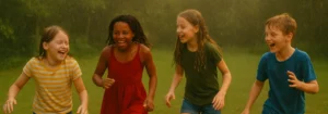 Vier Kinder lachen und rennen im Regen, während es leicht regnet.