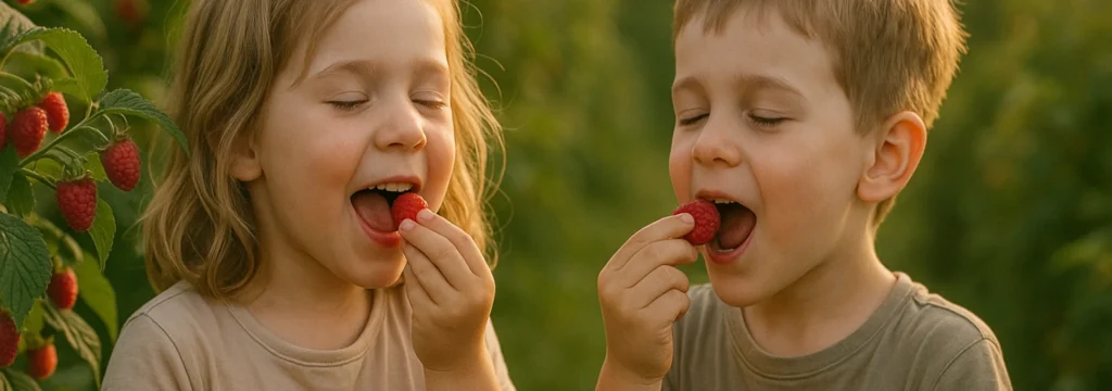 Zwei Kinder, ein Junge und ein Mädchen, essen Himbeeren und lächeln.