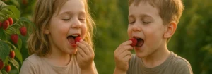Zwei Kinder, ein Junge und ein Mädchen, essen Himbeeren und lächeln.