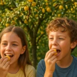 Familie mit zwei Kindern, die Mirabellen im Freien essen und lachen.