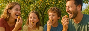 Familie mit zwei Kindern, die Mirabellen im Freien essen und lachen.
