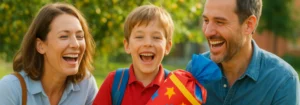 Ein lachendes Kind mit einem roten T-Shirt und einem Schulranzen, umgeben von zwei Erwachsenen.