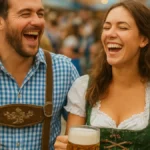 Vier Personen in traditioneller bayerischer Tracht mit Bierkrügen, die lachen und feiern.