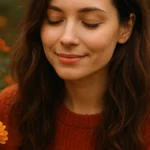 Frau mit langen braunen Haaren, die in einem Feld von orangefarbenen Chrysanthemen steht.