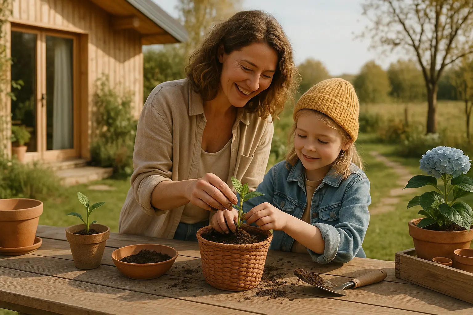 Hände ordnen auf einem Holztisch im Garten saisonale Materialien wie Zwiebeln, Saatgut, Mulch, Laub und Gartenvlies als...