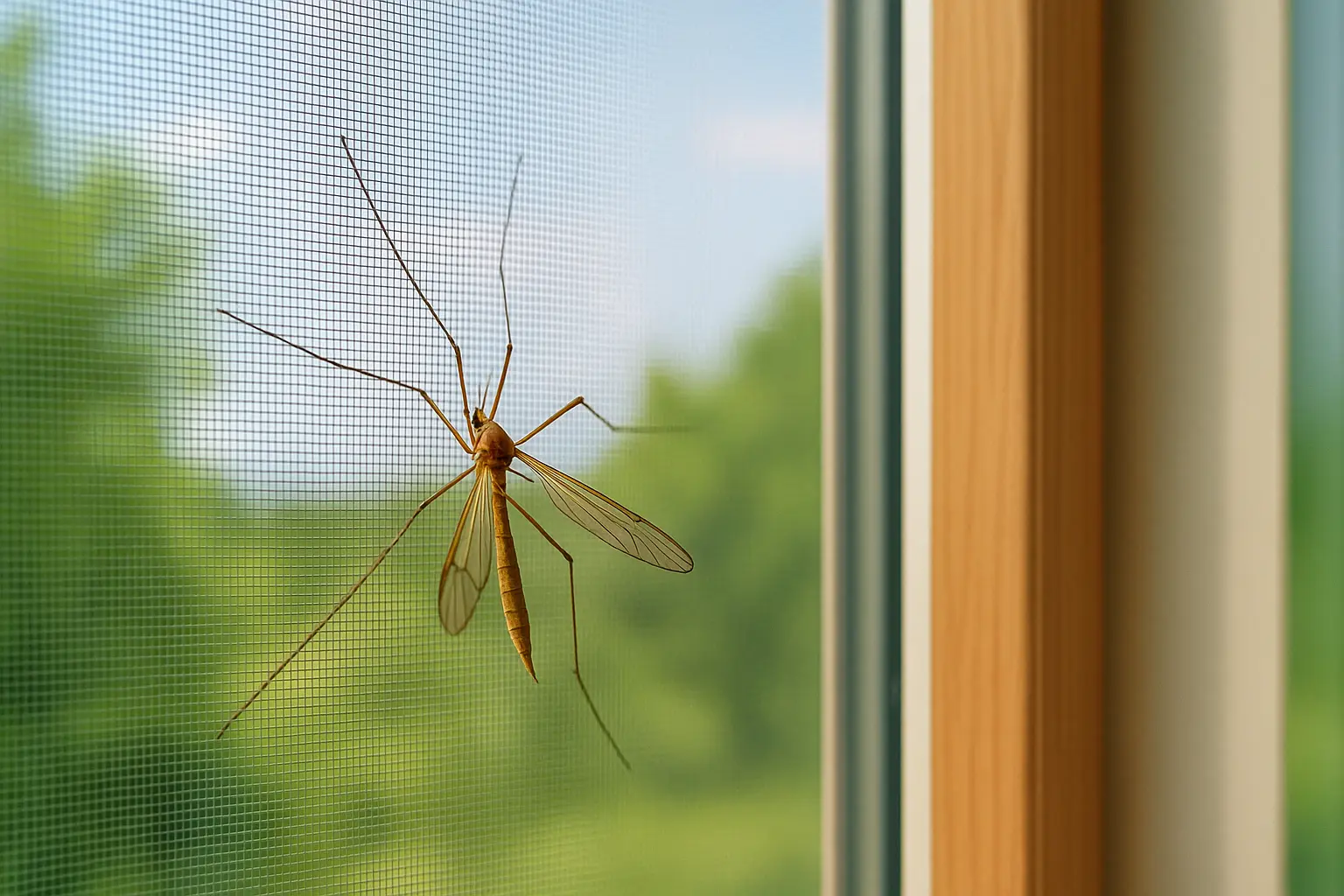 Abendliche Wohnszene am geöffneten Fenster mit Insektenschutzgitter, draußen ein grüner Garten; eine Schnake ist dezent in...