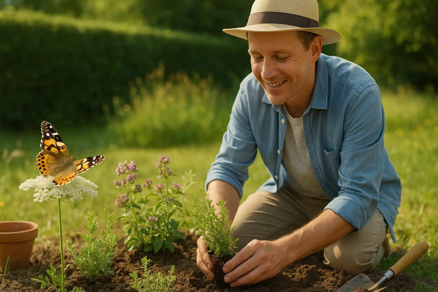 Person pflanzt heimische Wildpflanzen am Beet-Saum; im Vordergrund sitzt ein Schmetterling auf einer ungefüllten Blüte...