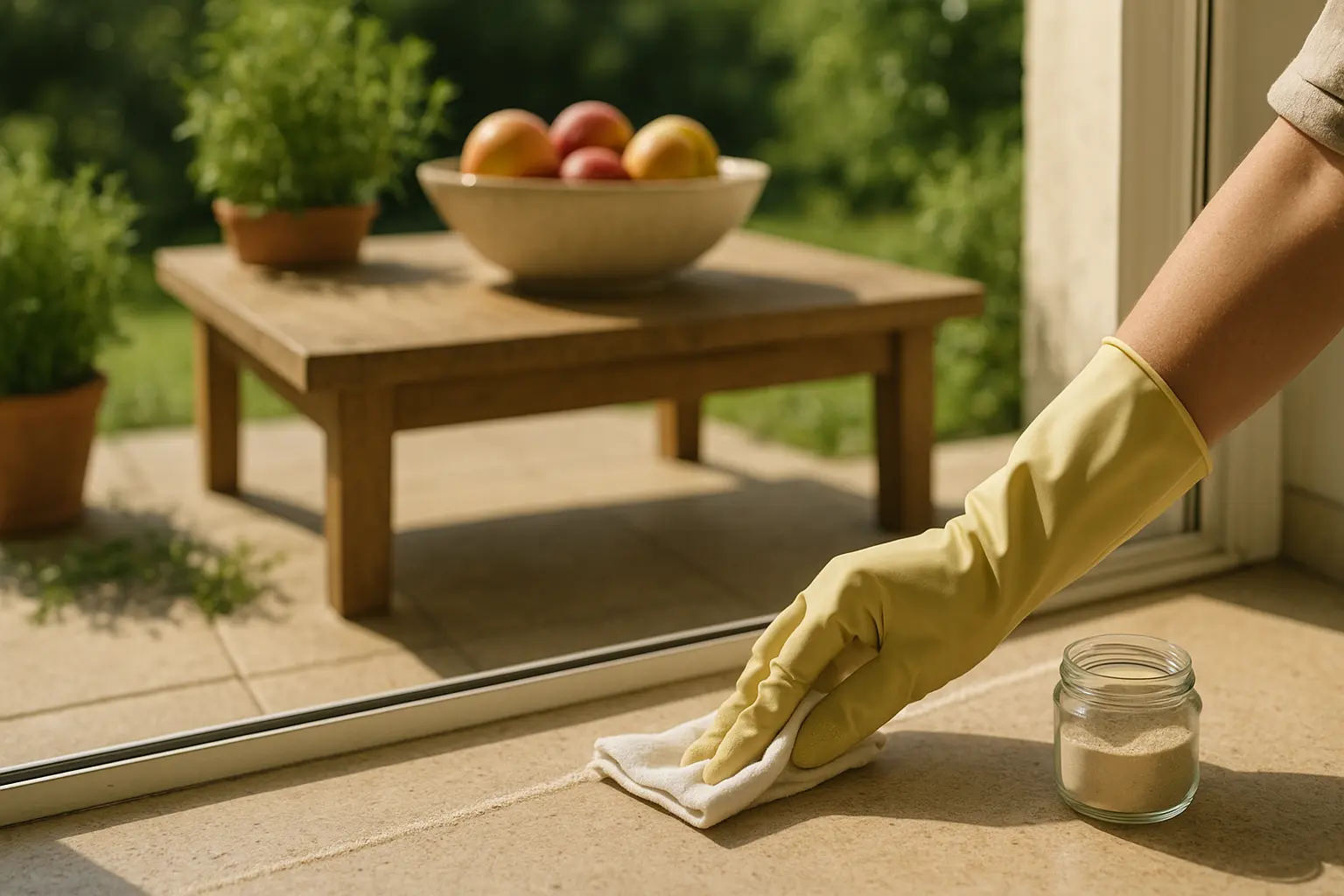 Eine Person wischt an der Terrassentür eine Ameisenspur weg; daneben stehen eine kleine Glasdose mit Pulver und ein...