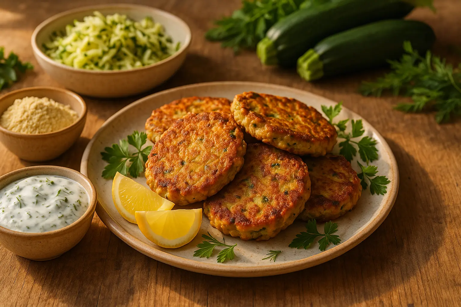 Goldbraune Zucchini-Puffer aus Kichererbsenmehl mit Soja-Kräuterjoghurt und Zitronenspalten auf einem Holztisch im...
