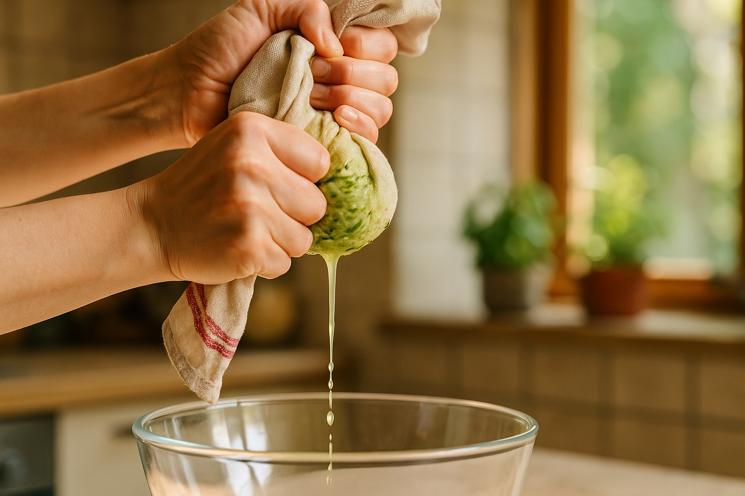 Geraspelte Zucchini wird in einem Küchentuch ausgedrückt, um Flüssigkeit für stabile Puffer zu entfernen.