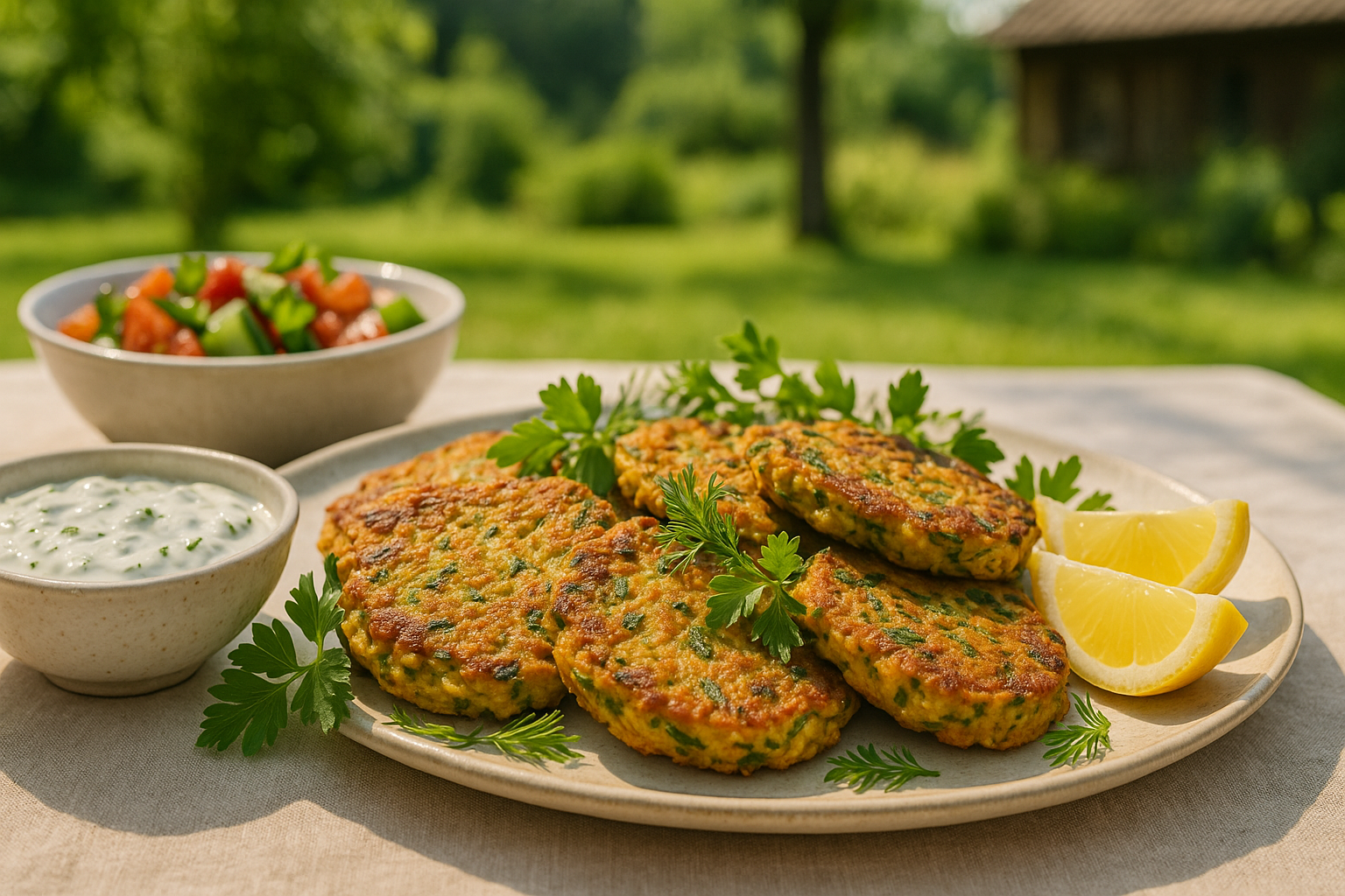 Servierplatte mit Zucchini-Puffern aus Kichererbsenmehl, Soja-Kräuterjoghurt und sommerlichem Salat.