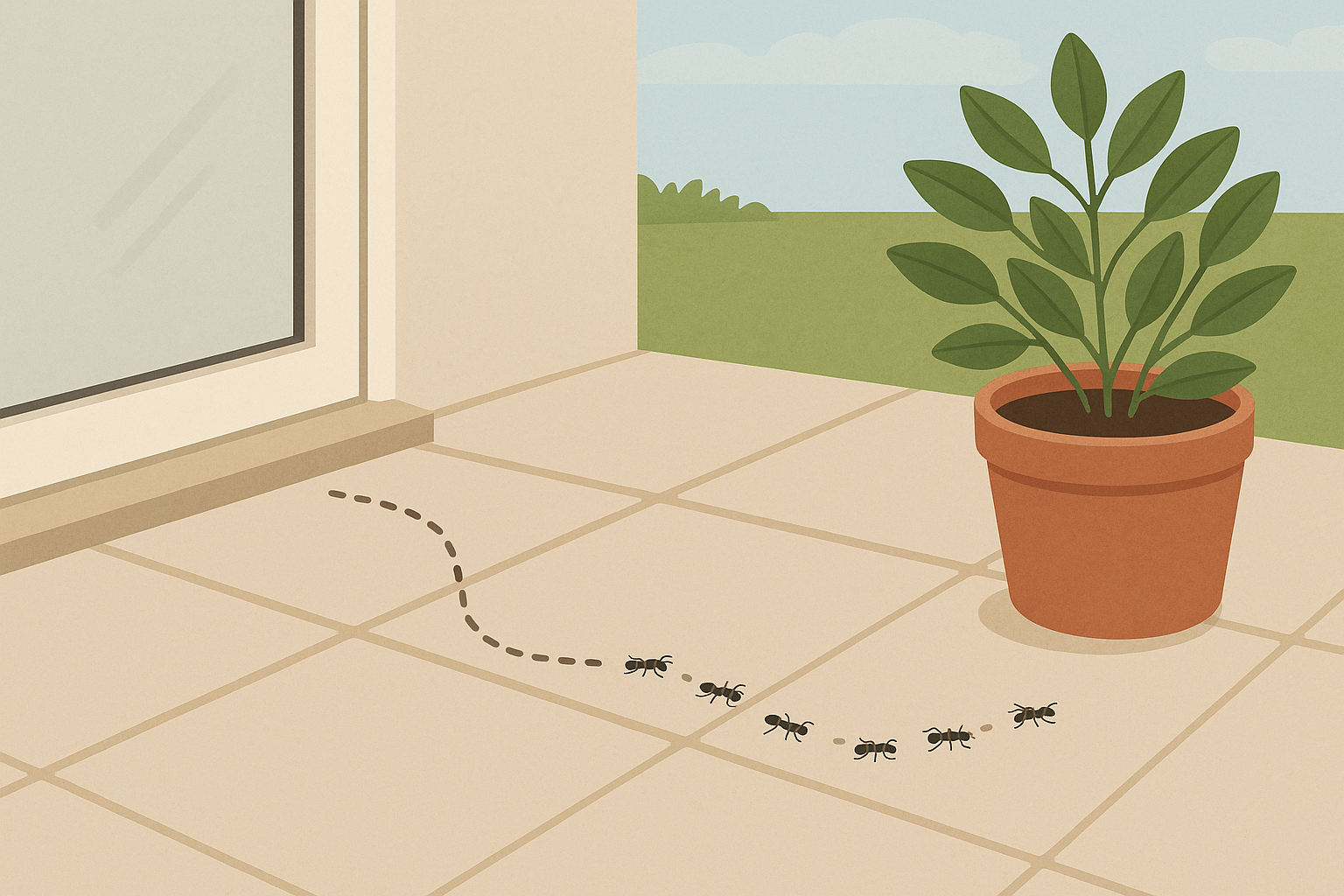 Schematische Darstellung einer Terrasse mit Fugen, Türschwelle und typischem Laufweg von Ameisen