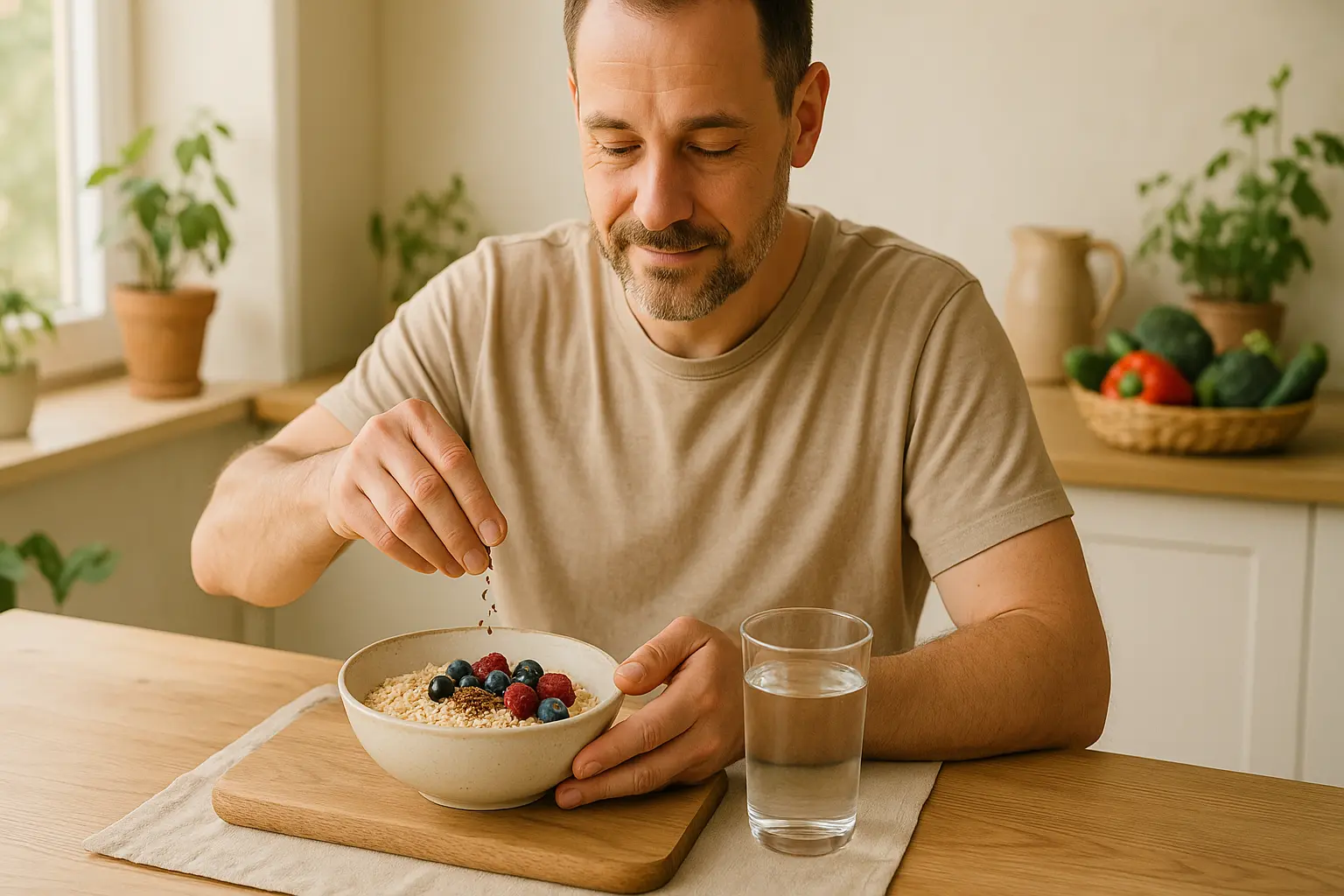 Person bereitet in einer hellen Wohnküche ein Frühstück mit Haferflocken, Beeren und geschroteten Leinsamen zu; daneben...