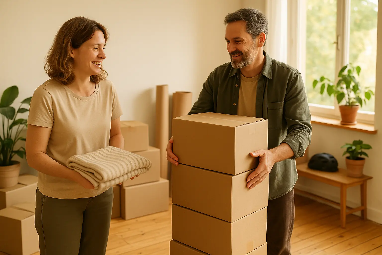 Zwei Personen stapeln gebrauchte Umzugskartons in einer hellen Wohnung und nutzen Decken als Polster beim Packen.