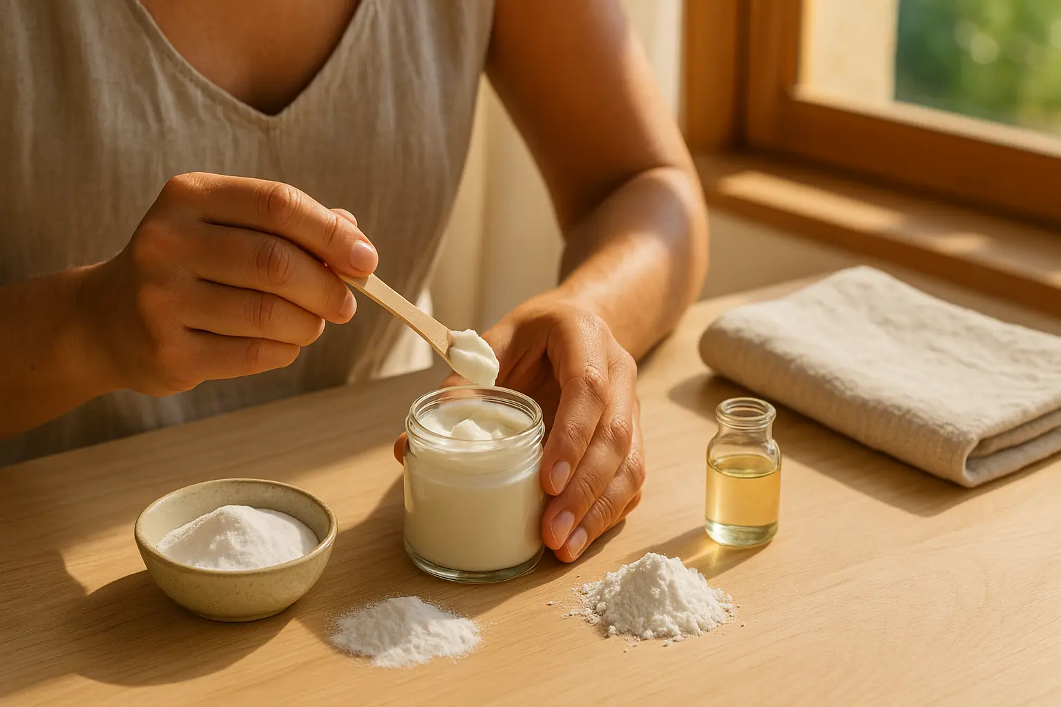 Hände entnehmen mit einem Spatel eine kleine Menge DIY-Deocreme aus einem neutralen Tiegel; daneben liegen Natron und...