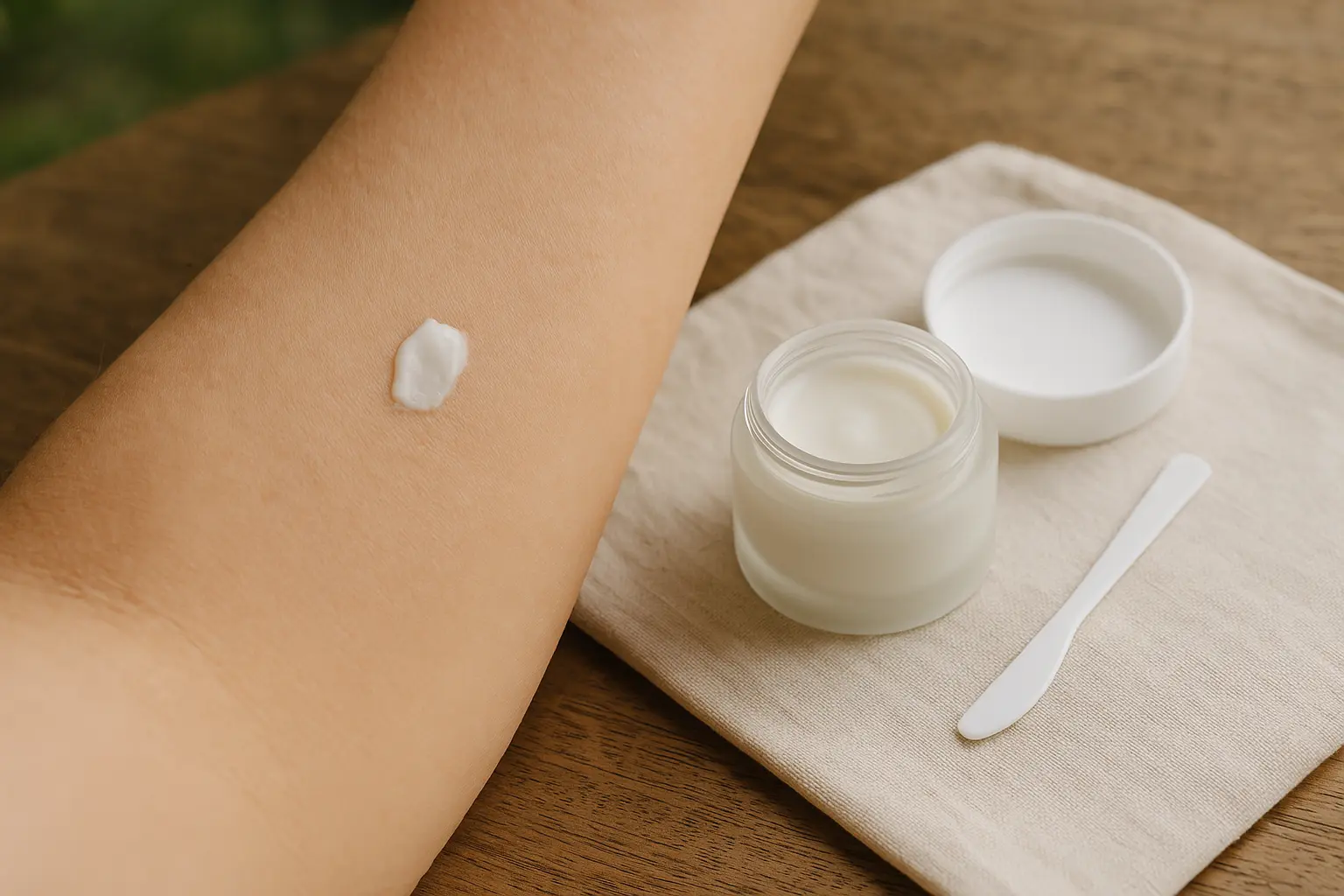 Patchtest am Innenunterarm mit kleiner Menge Deocreme neben Tiegel und Spatel.