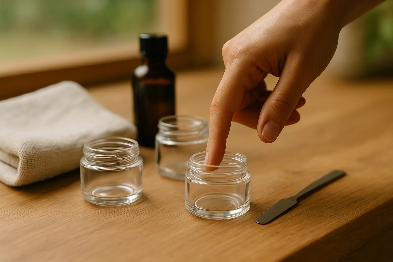 Saubere Glas-Tiegel, Spatel und Tuch als Vorbereitung für hygienisches Abfüllen von DIY-Deocreme.