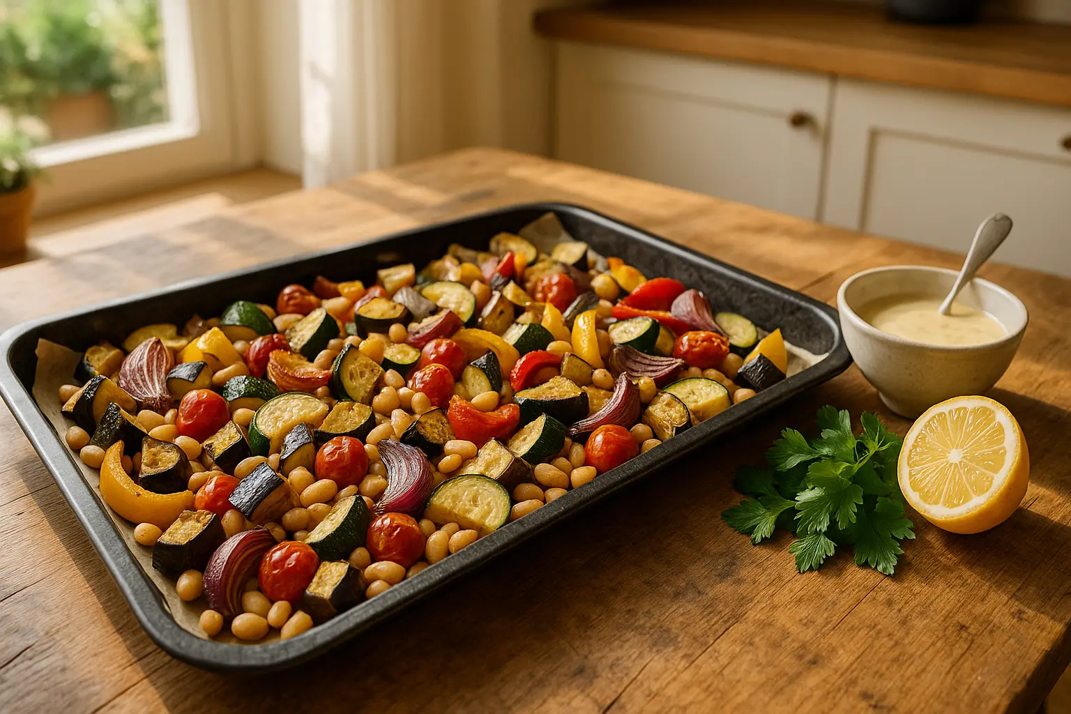 Mediterran geröstetes Gemüse und weiße Bohnen auf einem Backblech, dazu eine Schüssel Zitronen-Tahini-Dressing auf einem...