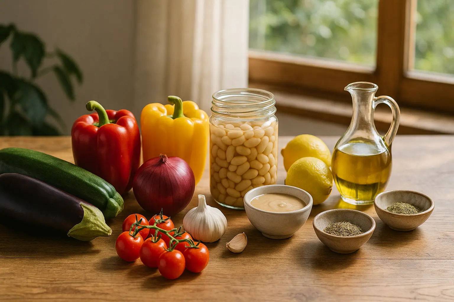 Zutaten für mediterranes Ofengemüse mit weißen Bohnen und Zitronen-Tahini-Dressing auf einem Holztisch.