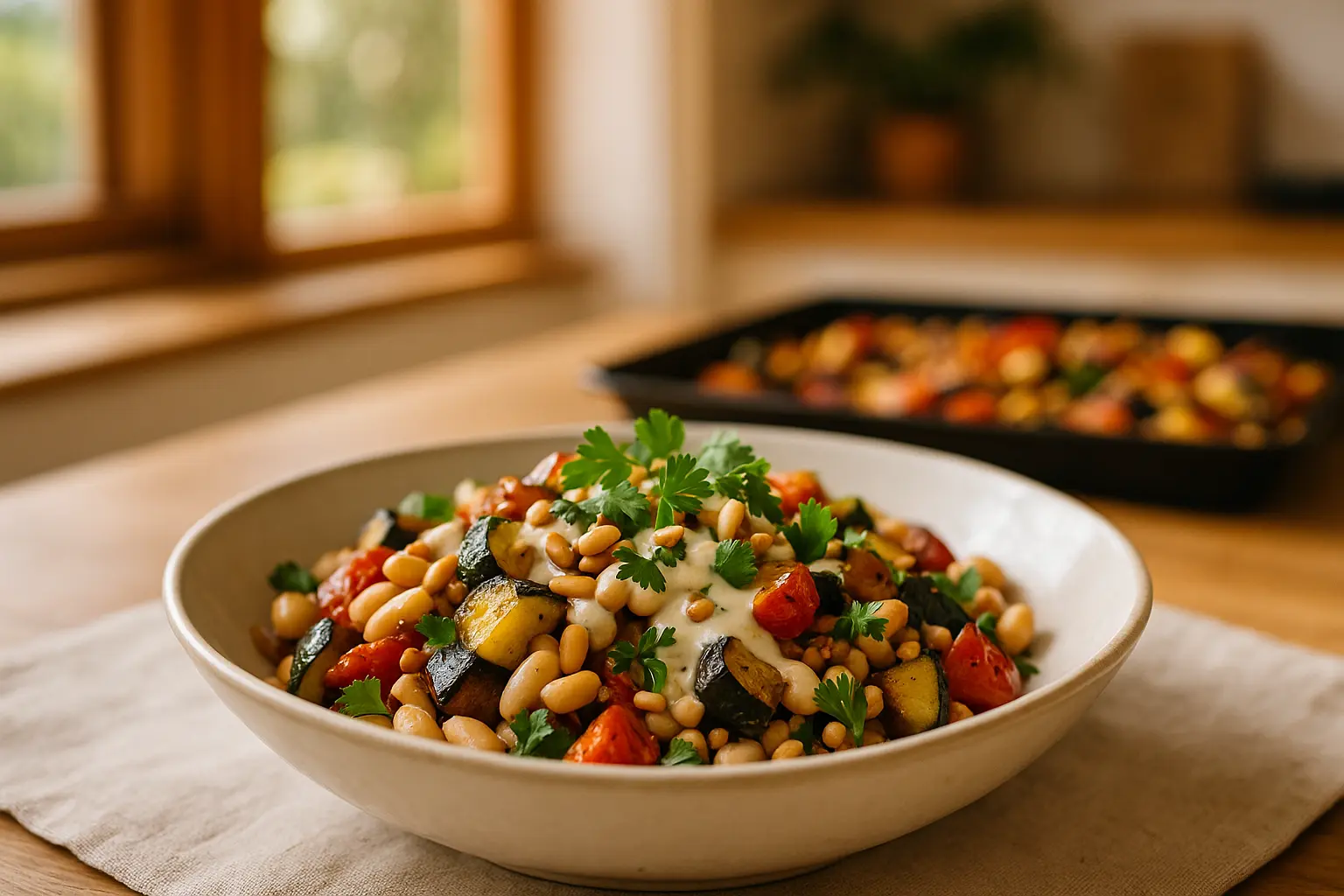 Fertiges Ofengemüse mit weißen Bohnen und Zitronen-Tahini-Dressing in einer Schüssel serviert.