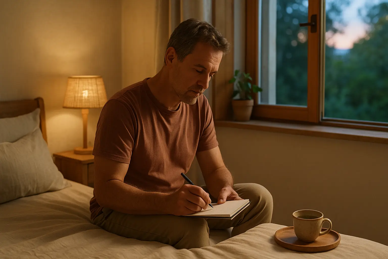 Person schreibt am Abend entspannt in ein Notizbuch auf der Bettkante, neben einer Tasse Tee in einem warm beleuchteten...
