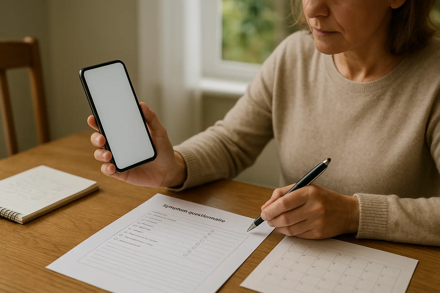 Person notiert Schlafsymptome am Küchentisch und bereitet sich auf ein Arztgespräch vor