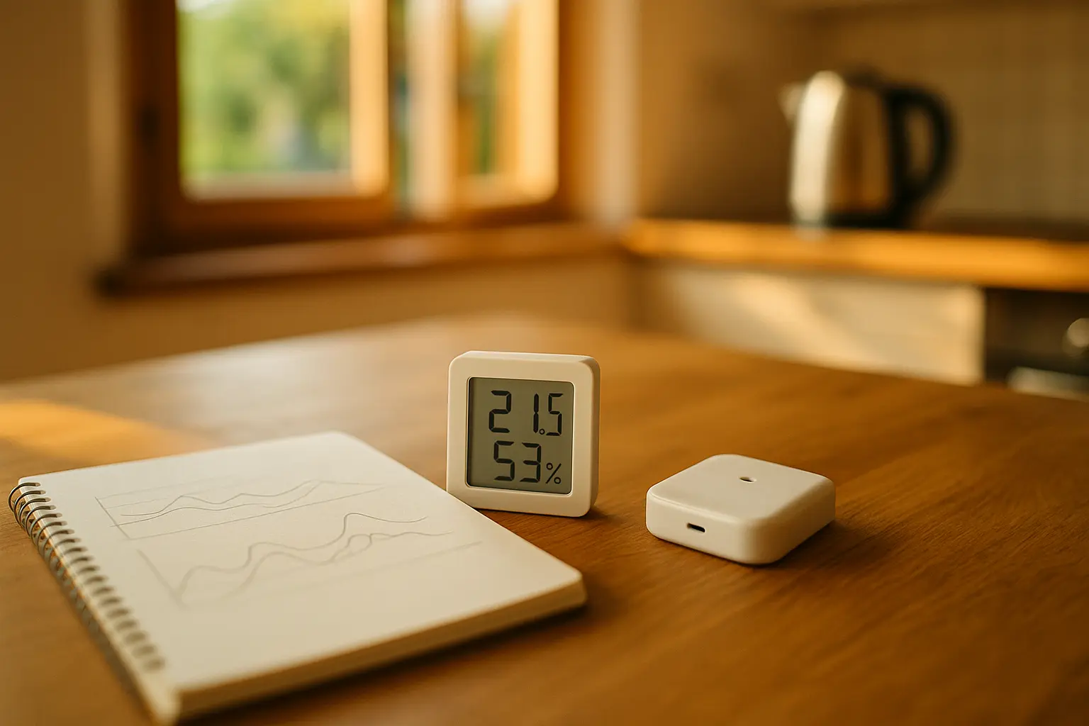Hygrometer und kleiner Datenlogger auf einem Tisch, bereit zur Messung von Temperatur und Luftfeuchtigkeit im Wohnraum