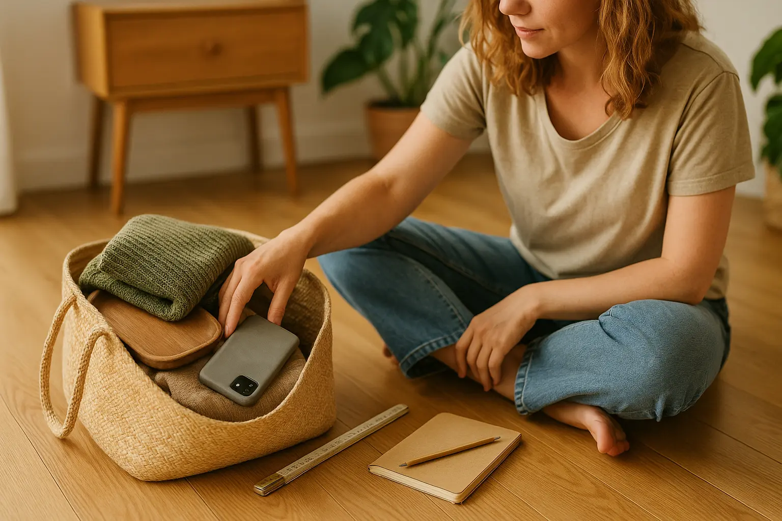 Person prüft Secondhand-Funde zu Hause mit Zollstock und Notizbuch – Kleidung, kleines Möbelteil und ein Smartphone