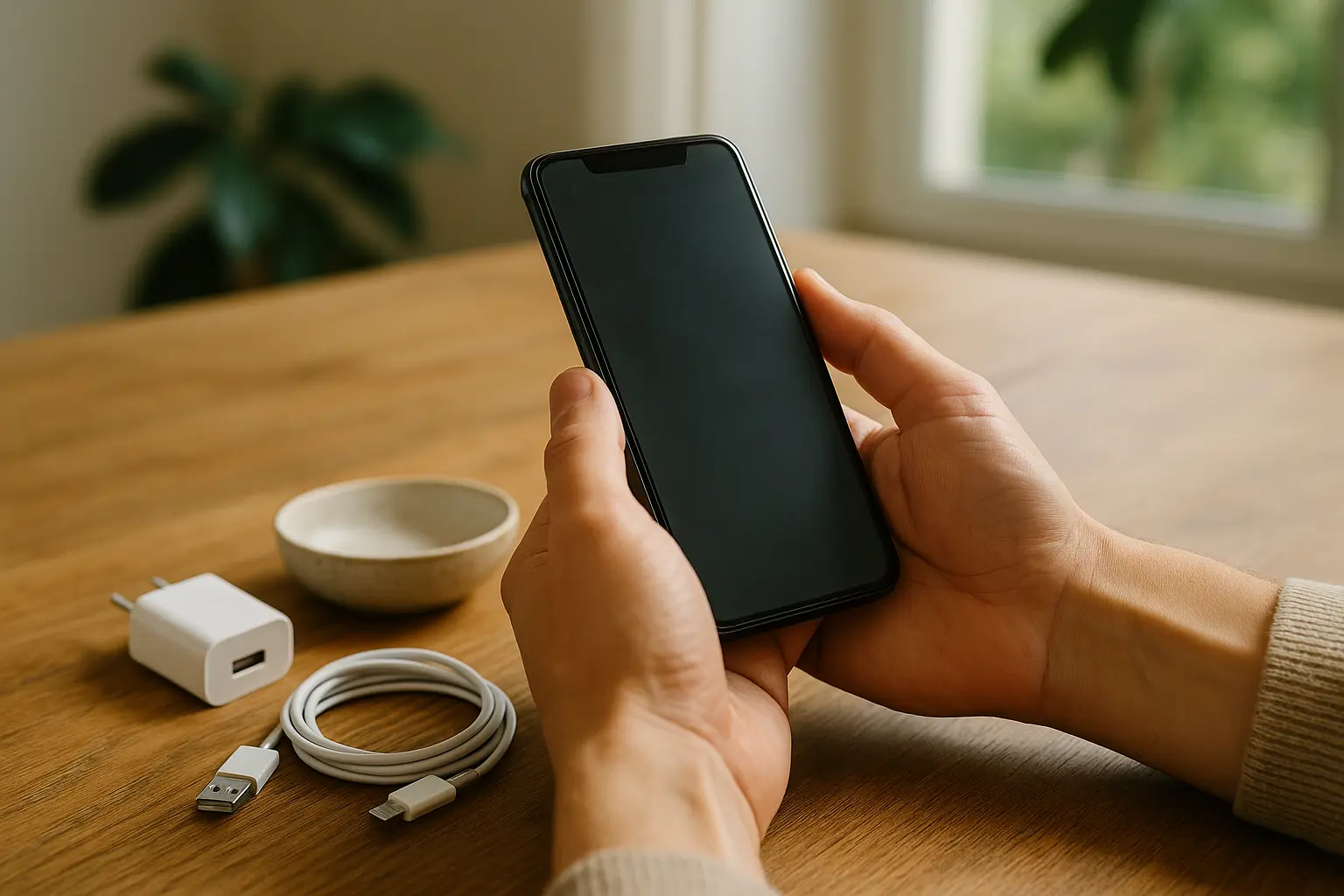 Gebrauchtes Smartphone wird mit Ladegerät und Kabel auf Funktion und Zubehör geprüft