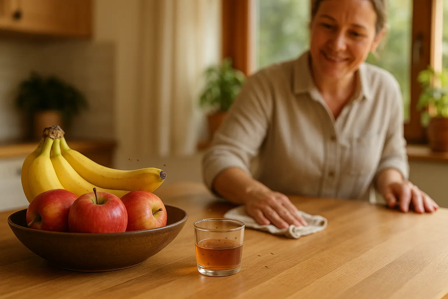 Obstschale und gereinigte Küchenarbeitsfläche in einer hellen Wohnküche als Vorbeugung gegen Fruchtfliegen