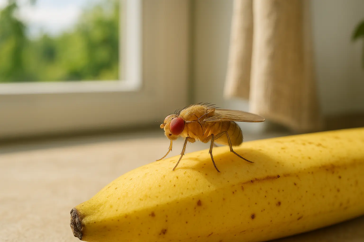 Makroaufnahme einer Fruchtfliege auf reifer Banane zur sicheren Erkennung