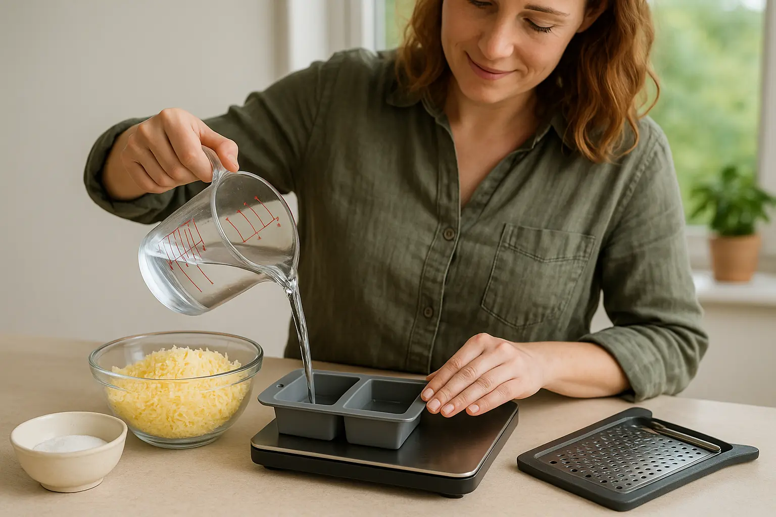Ingredientes pesados para un bloque de detergente hecho de jabón en pastilla, soda y agua con báscula y rallador