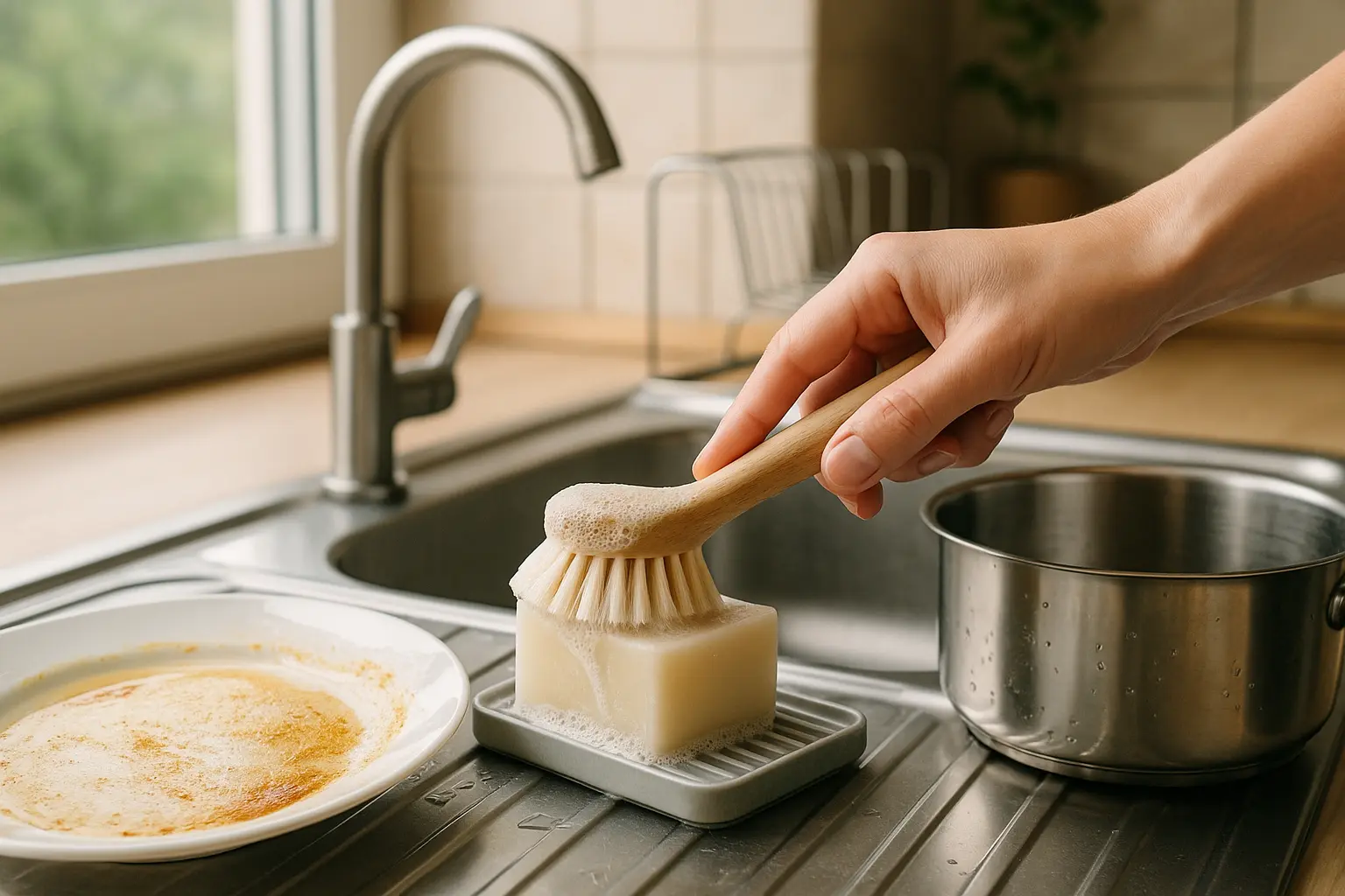 Cepillo para platos toma producto de un bloque sólido de detergente para lavar la vajilla
