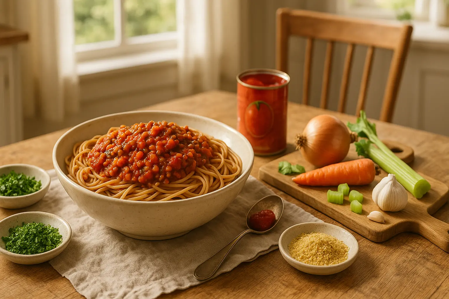 Schüssel Vollkornspaghetti mit Linsen-Bolognese, dazu frische Kräuter und Gemüsezutaten auf einem Holzbrett in einer...