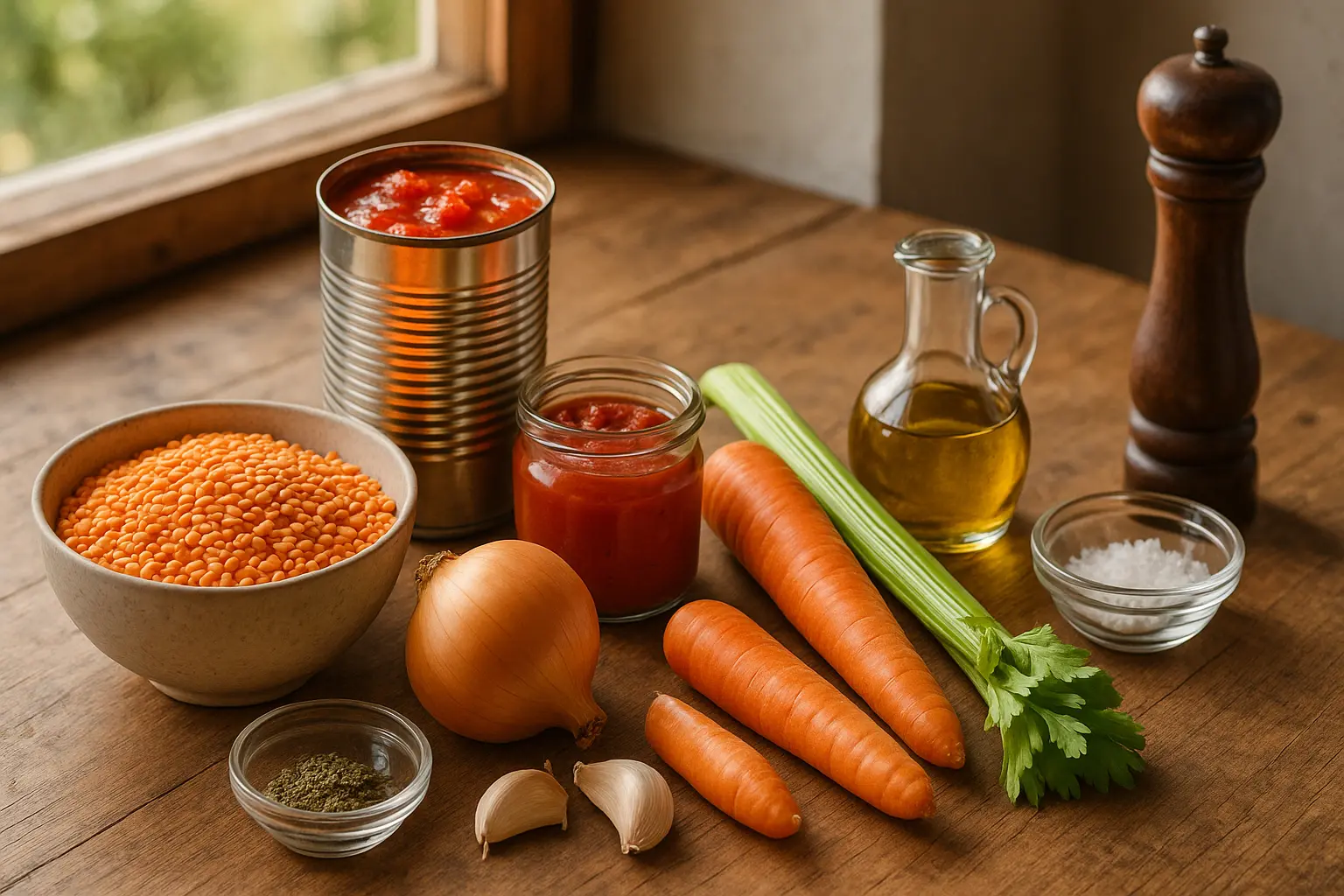 Zutaten für Linsen-Bolognese: Linsen, Tomaten, Tomatenmark, Zwiebel, Karotte, Sellerie, Knoblauch und Gewürze auf einem...