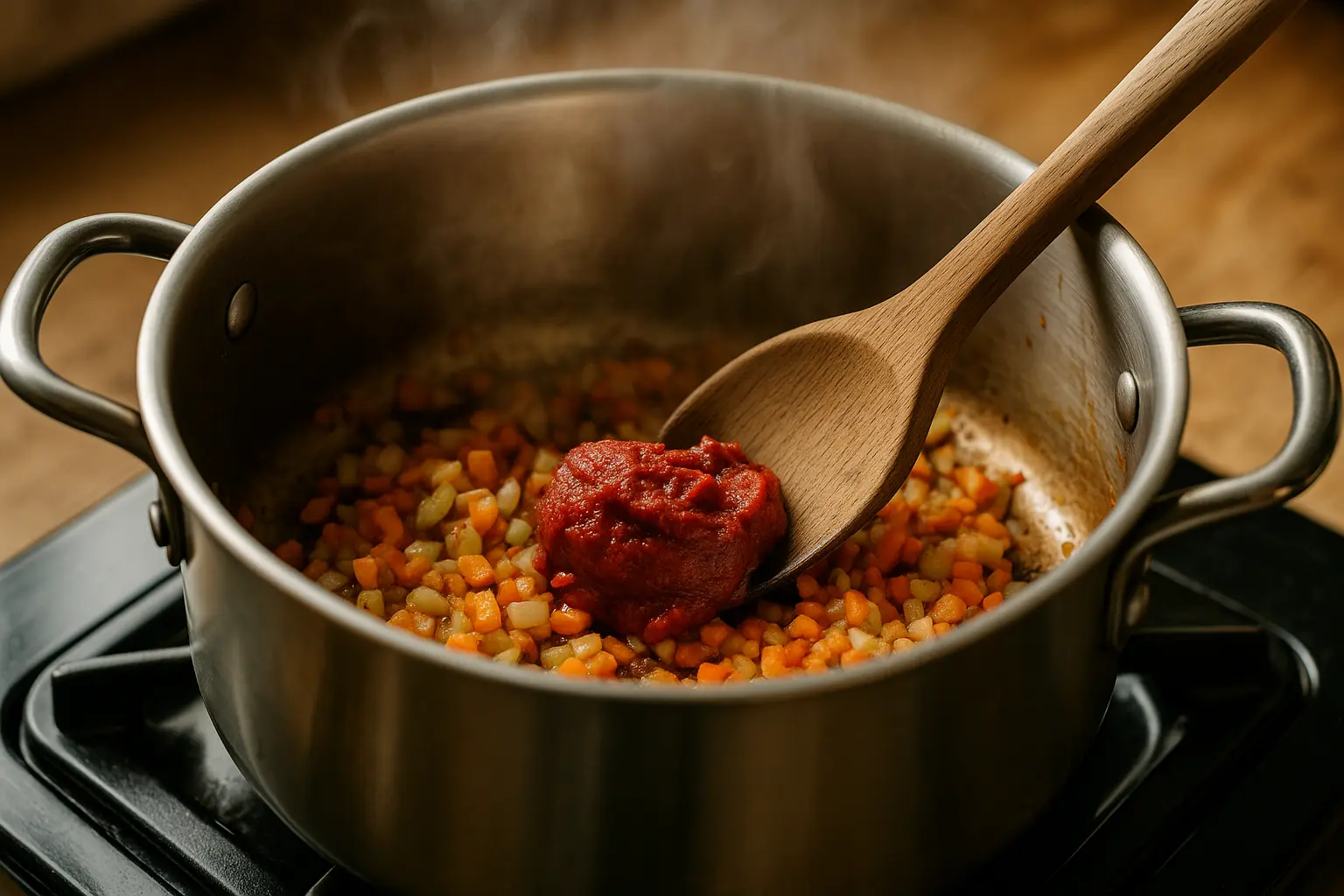 Tomatenmark wird mit Zwiebel, Karotte und Sellerie im Topf angeröstet – wichtiger Schritt für Umami in Linsen-Bolognese