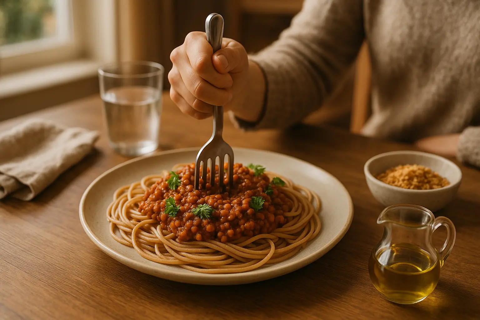 Angerichtete Vollkornspaghetti mit Linsen-Bolognese und Kräutern, dazu knuspriges Topping und Olivenöl
