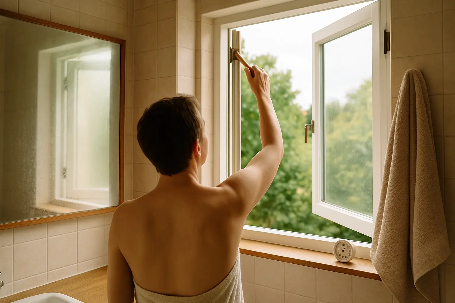 Fenster wird nach dem Duschen weit geöffnet, Hygrometer zeigt Luftfeuchte im Bad.