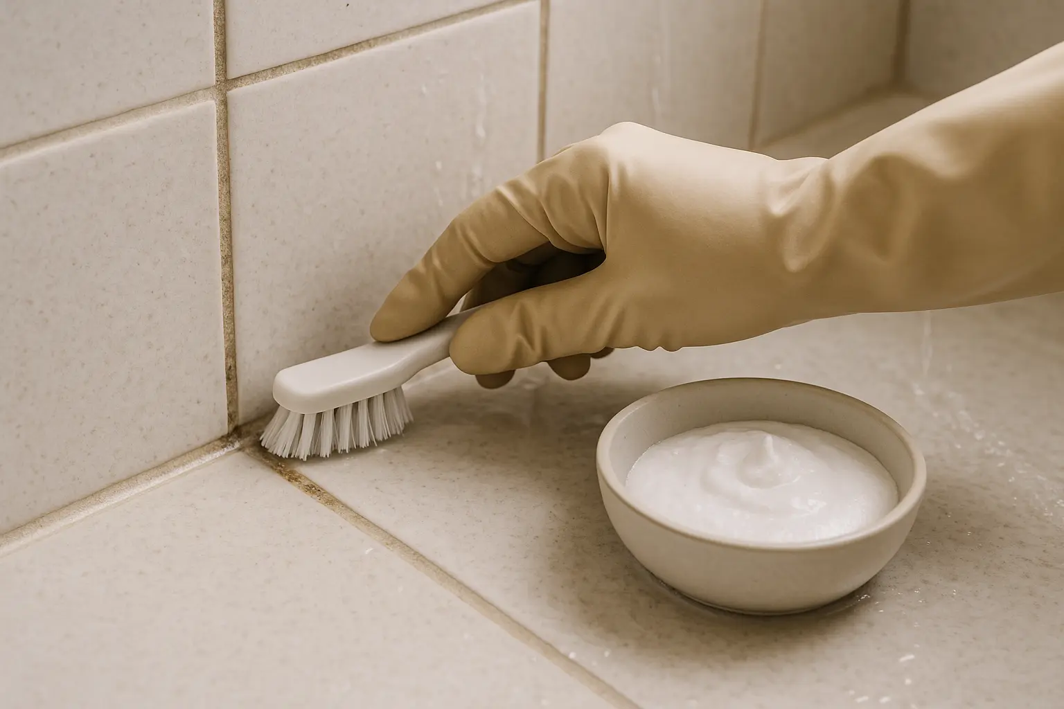 Handschuhhand bürstet Fliesenfuge mit Fugenbürste, Natronpaste steht daneben.