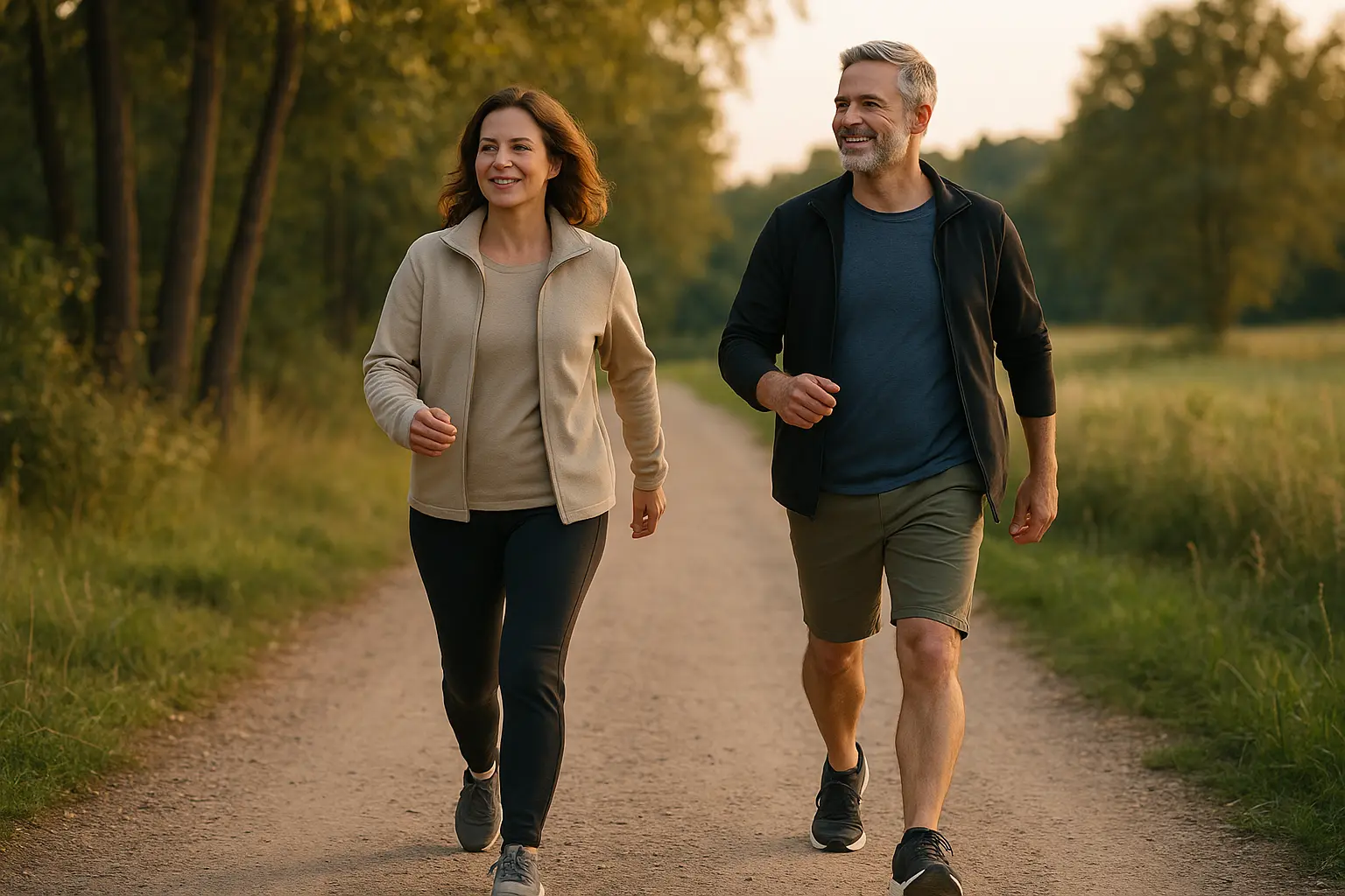 Zwei Erwachsene beim zügigen Gehen in der Natur als Beispiel für moderates Ausdauertraining