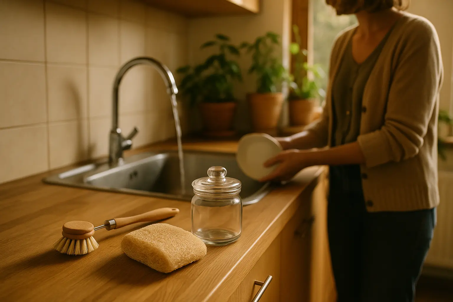 Spülbürste, Luffa-Schwamm und Glasbehälter in einer warmen Küche als alltagstaugliche Alternativen, um Mikroplastik im...